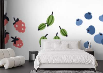 Berries set. Cherry, black currant, raspberry, gooseberry, blueberry, blackberry and red strawberry fruits. Fresh natural summer food. Flat vector illustrations isolated on white background Wall mural