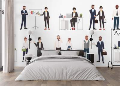 Big collection of business people or office workers dressed in smart clothing in different situations - making deal, conducting negotiation, working. Colorful cartoon characters. Vector illustration. Wall mural