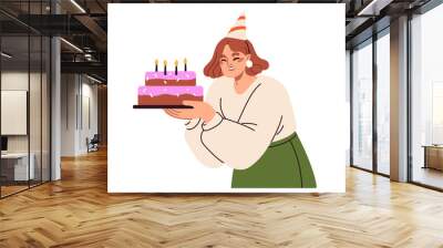 Birthday girl holding cake with candles. Happy woman celebrating b-day, smiling. Excited festive female character, holiday party celebration. Flat vector illustration isolated on white background Wall mural