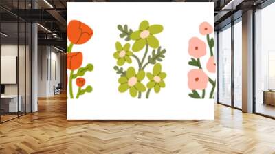 Blossomed flowers set. Spring wild blooms, interior wall arts. Delicate summer floral plants with gorgeous petal, leaf. Modern botanical flat vector illustrations isolated on white background Wall mural