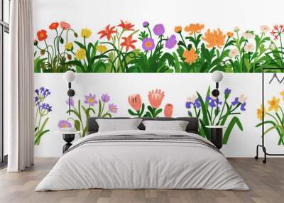 Blossomed garden flowers, floral border. Blooming plants set. Botanical decoration, spring and summer wildflowers, iris, daffodil, protea. Flat vector illustrations isolated on white background Wall mural