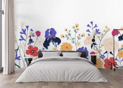 Border of gorgeous spring blooming flowers. Backdrop with iIrises, camomiles, roses, anemones and chrysanthemums. Floral flat vector illustration isolated on white background Wall mural