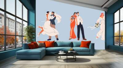 Bride and groom on wedding day, marriage ceremony. Just married love couple, newlyweds set. Happy romantic man bridegroom in suit and woman in dress. Isolated flat graphic vector illustrations Wall mural