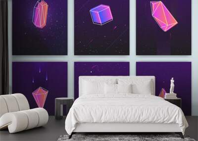 Bright backgrounds with retro futuristic neon space and crystals. Trendy posters of 80s style. vector cards collection. Wall mural