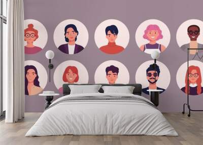 Bundle of different people avatars. Set of colorful user portraits. Male and female characters faces. Smiling young men and women avatar colletion. Vector illustration in flat cartoon style Wall mural