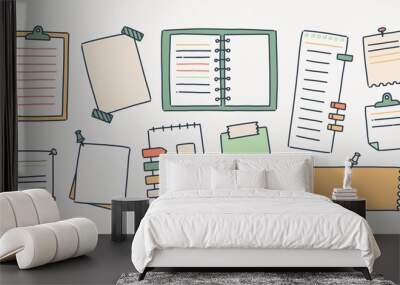 Bundle of notepads and paper sheets attached with pushpins and adhesive tape for making writing notes isolated on white background. Collection of decorative design elements. Vector illustration. Wall mural