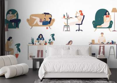 bundle of young men and women spending weekend at home - playing guitar, eating sushi, reading books Wall mural