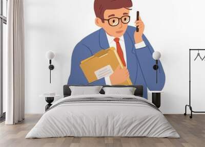 Businessman talking on mobile phone. Young man calling or contacting customers. Office worker chatting on business using smartphone. Colored flat vector illustration isolated on white background Wall mural