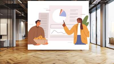 Calculating budget, analyzing finance report with business chart. Accounting concept. Financial advisor planning investment strategy. Flat graphic vector illustration isolated on white background Wall mural