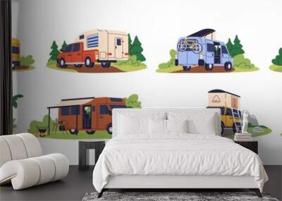 Camper cars, holiday caravans, vans, trailers, summer motorhomes, camping RV set. Mobile auto vehicles for travel, vacation in campsite, nature. Flat vector illustrations isolated on white background Wall mural