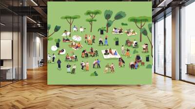 Characters relaxing in park on summer holiday. Tiny people resting at open-air festival in nature, meeting, gathering outside. Outdoor relaxation, picnic, weekend leisure. Flat vector illustration Wall mural