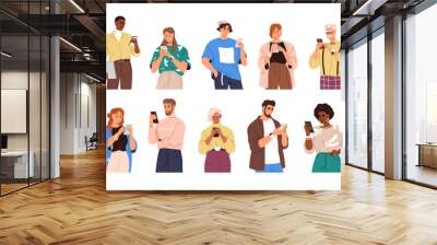 characters with mobile smart phones set. people holding smartphones. men, women using cell devices,  Wall mural