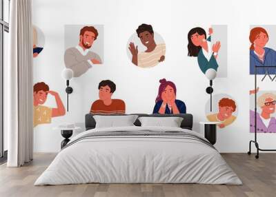 Cheerful, curious, happy people flat vector illustration set. Men and women peeping, staring, smiling cartoon characters collection. Male and female portraits bundle. Adorable guys and girls pack. Wall mural