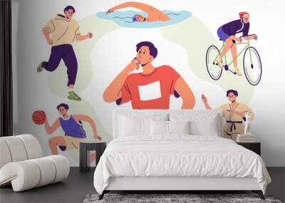 choose sport, physical activity for health concept. man thinks, makes choice from different workout  Wall mural