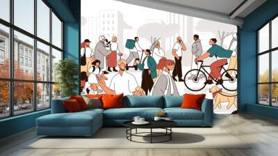 City street, people crowd. Pedestrians walking, citizens with bicycles, dog, smartphone outdoors. Many active men, women, kids characters outside. Busy urban lifestyle. Flat vector illustration Wall mural