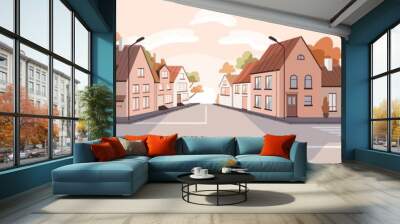 City street at sunset in summer. Town panorama with road, sidewalk, houses in urban residential district. Empty cityscape background with buildings, trees and skyline. Colored flat vector illustration Wall mural