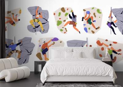 Climbers on rock cliffs, bouldering walls set. Mountain climbing up, extreme sport activity. Mountaineers athletes on ropes training indoors and outdoors. Flat graphic vector illustration isolated Wall mural