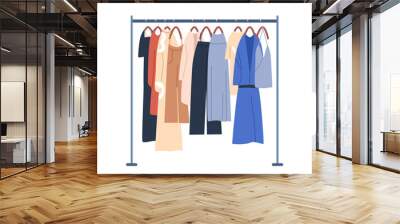 Clothes rolling rack with row of garments hanging on hangers. Wardrobe display and storage rail. Metal stand for summer wearing storing. Flat vector illustration isolated on white background Wall mural