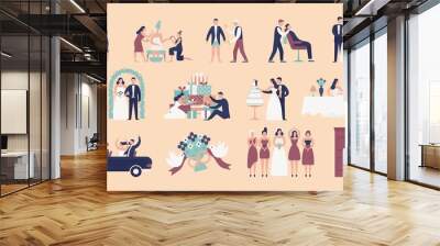 collection of bride and groom preparing for wedding ceremony. set of preparations for marriage celeb Wall mural