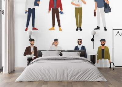 Collection of caucasian bearded men dressed in casual and formal clothes and standing in various poses. Male cartoon characters isolated on white background. Colored vector illustration in flat style. Wall mural