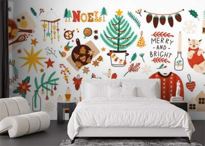 collection of christmas decorations, holiday gifts, winter knitted woolen clothes, mulled wine and g Wall mural