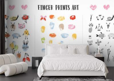 Collection of colorful fingerprints decorated by adorable animal s faces isolated on white background. Bundle of art design elements for children. Childish colorful hand drawn vector illustration. Wall mural