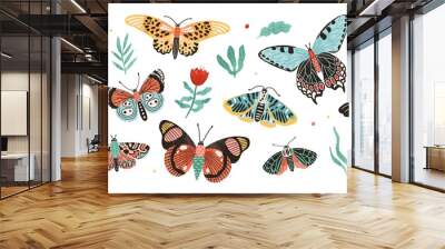 Collection of elegant exotic butterflies and moths isolated on white background. Set of tropical flying insects with colorful wings. Bundle of decorative design elements. Flat vector illustration. Wall mural