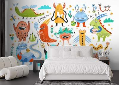 collection of funny monsters or aliens. bundle of cute fantastic or fairytale creatures. cartoon cha Wall mural