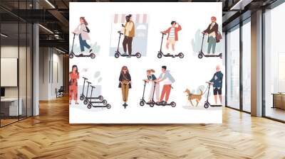 Collection of funny people riding kick scooters isolated on white background. Bundle of young and elderly men and women and children on modern personal transporters. Flat cartoon vector illustration. Wall mural