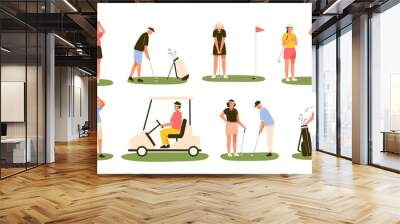 Collection of golf players isolated on white background. Bundle of male and female golfers hitting ball with clubs, driving cart. Outdoor sports or leisure activity. Flat cartoon vector illustration. Wall mural