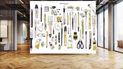 collection of hand drawn stationery or writing utensils. set of office and art supplies isolated on  Wall mural