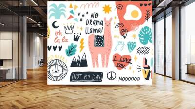 collection of handwritten slogans or phrases and decorative design elements hand drawn in trendy doo Wall mural