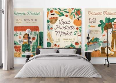 Collection of local products farmer market and harvest festival posters vector flat illustration. Set of announcement for seasonal agricultural fair isolated. Promo template with place for text Wall mural