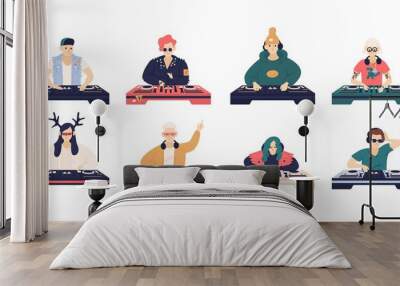 collection of male and female dj s isolated on white background. bundle of cute funny disc jockeys p Wall mural