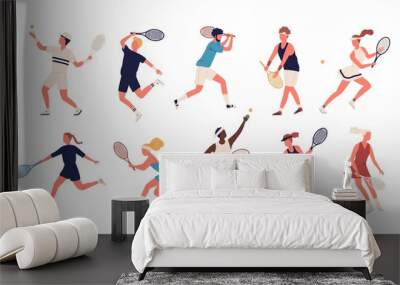 Collection of men and women dressed in sports apparel playing tennis. Set of sportsmen and sportswomen holding rackets and hitting ball isolated on white background. Flat cartoon vector illustration. Wall mural