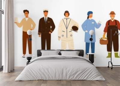 Collection of men and women of various occupations or profession wearing professional uniform - construction worker, farmer, physician, waiter, cleaner, astronaut. Flat cartoon vector illustration. Wall mural