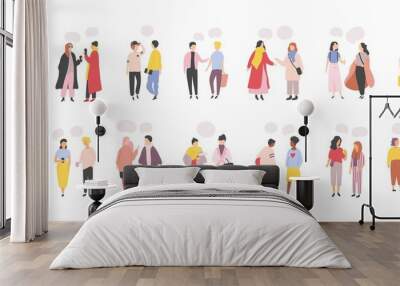 Collection of men and women standing and speaking, talking, chatting, delivering verbal messages to each other isolated on white background. Set of dialogs or conversations. Flat vector illustration. Wall mural