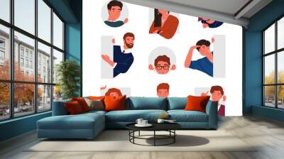 Collection of peeping people isolated on white background. Set of portraits of funny curious young men and women searching something. Bundle of design elements. Flat cartoon vector illustration. Wall mural