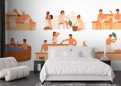 Collection of people bathing in sauna or banya full of steam. Set of happy men and women taking bath, washing their bodies. Activity for wellness and recreation. Flat cartoon vector illustration. Wall mural