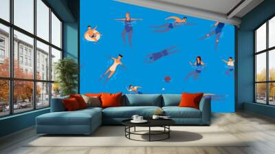 Collection of people dressed in swimwear in swimming pool. Bundle of men and women in swimsuits performing water activities. Set of swimmers. Colorful vector illustration in flat cartoon style. Wall mural