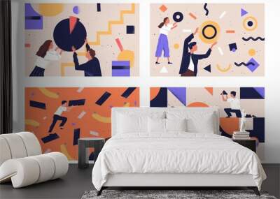 Collection of people organizing abstract geometric shapes scattered around them. Bundle of young men and women collecting figures. Concept of teamwork. Flat vector illustration in contemporary style. Wall mural