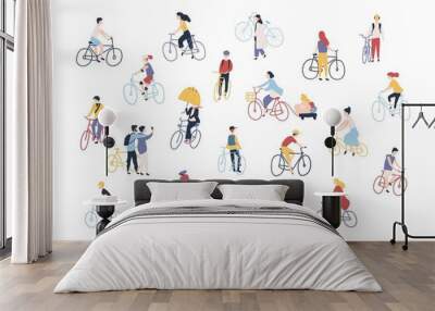 collection of people riding bikes on city street. bundle of men, women and children on bicycles isol Wall mural