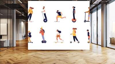 Collection of people riding skateboard, longboard and modern personal transporters - hoverboard or self-balancing board, electric unicycle, motorized kick scooter. Flat cartoon vector illustration. Wall mural