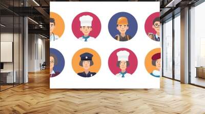 Collection of portraits of smiling people of various professions. Set of cute male and female cartoon characters of different occupation inside round frames. Flat colorful vector illustration. Wall mural