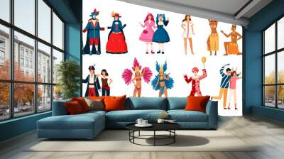 Collection of smiling men and women dressed in various festive costumes for holiday masquerade, Venetian or Brazilian carnival, home theme party. Colorful vector illustration in flat cartoon style. Wall mural