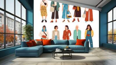 Collection of stylish young women dressed in trendy clothes. Set of fashionable casual and formal outfits. Bundle of cute girl hipsters or trendsetters. Flat cartoon colorful vector illustration. Wall mural