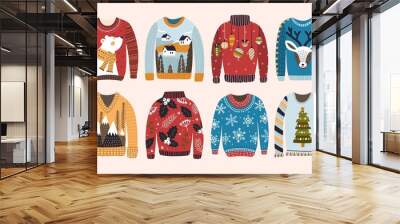 Collection of ugly Christmas sweaters or jumpers isolated on light background. Bundle of knitted woolen winter clothing with various prints. Colorful vector illustration in flat cartoon style. Wall mural