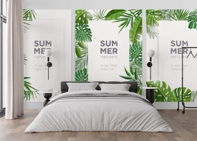 Collection of vertical summer backgrounds with frames or borders made of green tropical palm leaves or jungle exotic foliage and place for text. Seasonal colorful realistic vector illustration. Wall mural