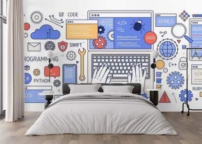 Colorful banner with hands working on computer, different electronic gadgets, devices and symbols. Programming, software development, program coding. Creative vector illustration in linear style. Wall mural