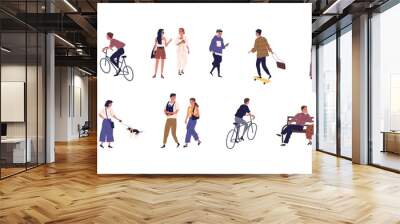 Colorful collection of people spending time outdoors. Young and aged men and women walking, cycling, skateboarding, dating and rest on the benches. Vector illustration in flat cartoon style Wall mural